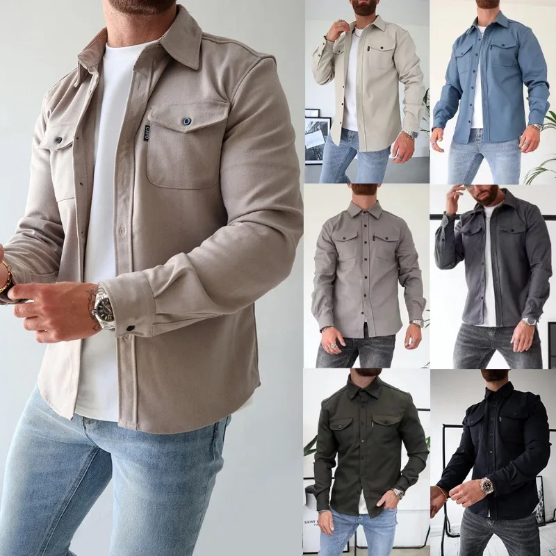 Casual camisa de manga comprida jaqueta masculina outono e inverno nova moda de rua americana cor sólida workwear camisa masculina