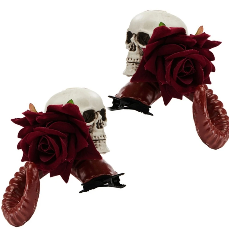 Antelope Horn Skull Hair Clip for Adult Cosplay Costume Devil Horn Rose Hair Barrettes Halloween Party Rose Hairpiece