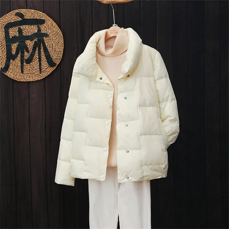 Autumn Winter Light Thin Down Coat Women White Duck Down Jacket Parkas Female Single-Breasted Stand Collar Warm Short Outwears