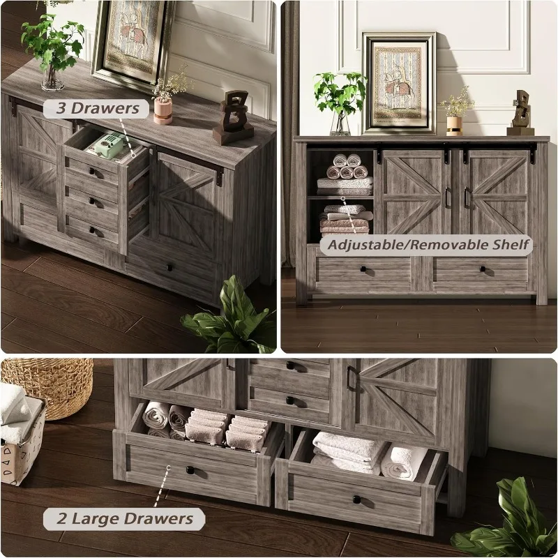 48" Farmhouse w/5 Drawer & 2 Sliding Barn Door, Dressers&Chests of Drawers, 5 Drawer Dresser TV Stand for Bedroom, Living Room