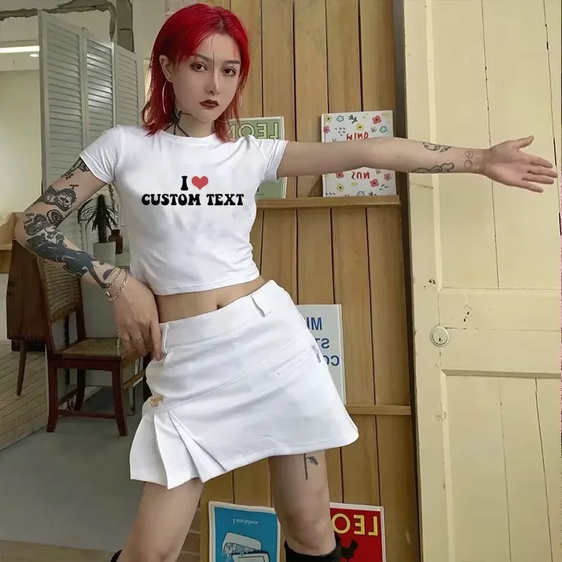 I Love Custom Cropped Top Women Causal Loose Your Photo Here Diy Personalized Logo Own Picture Female O Neck Crop Top T Shirt