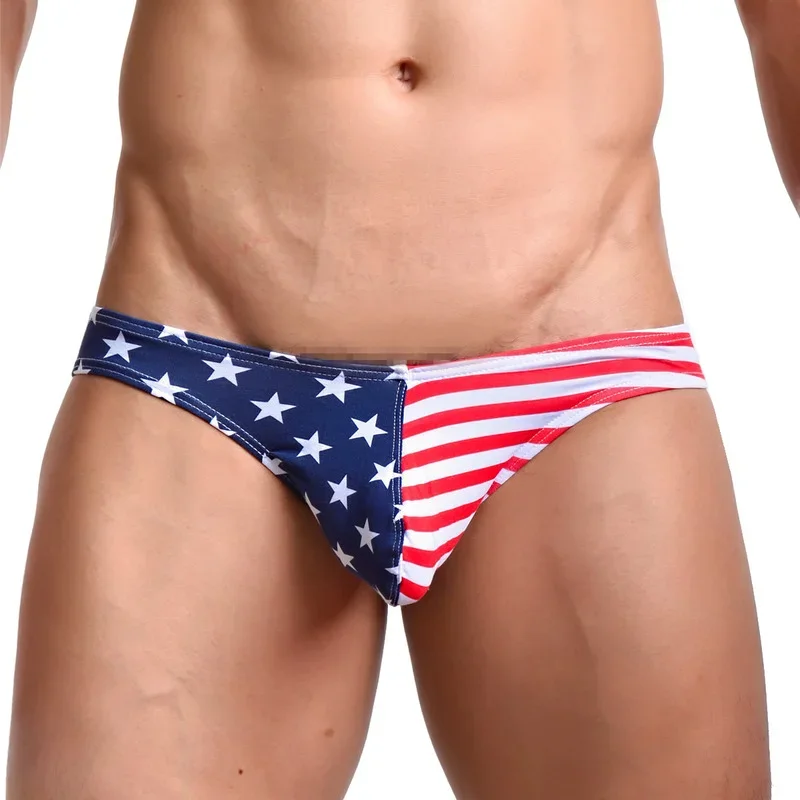 Mens Sexy Bulge Pouch Underwear Homme Panties American Star-Flag&Striped Pattern Low Rise Underpants Bikini Briefs Male Lingerie