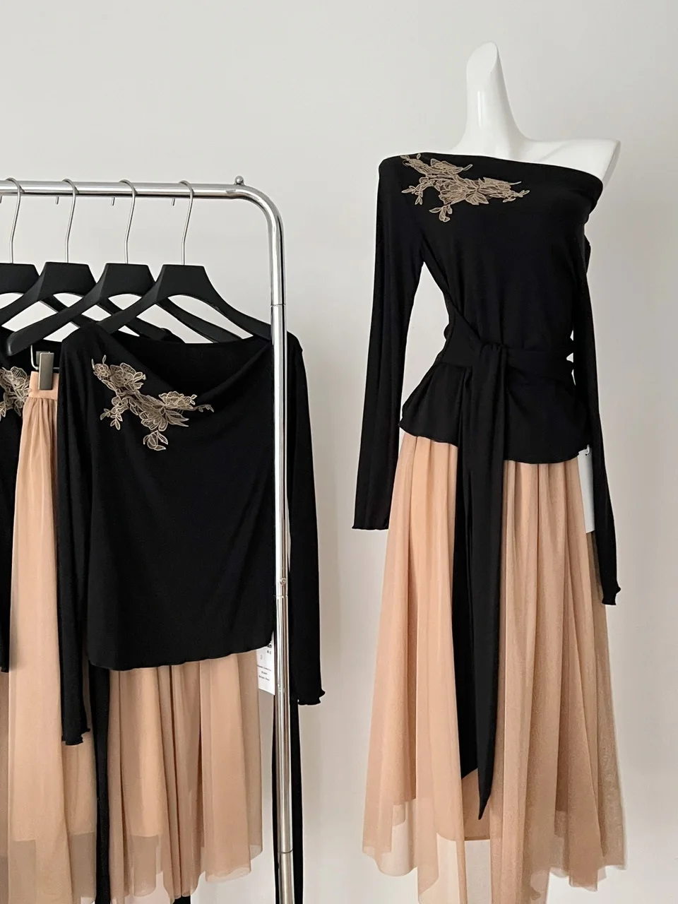 Ele Long Sve Embroidered Knitwear Me Waist-Cinching Top And Skirt Set Autumn Faion Casual Youth Universal Fit