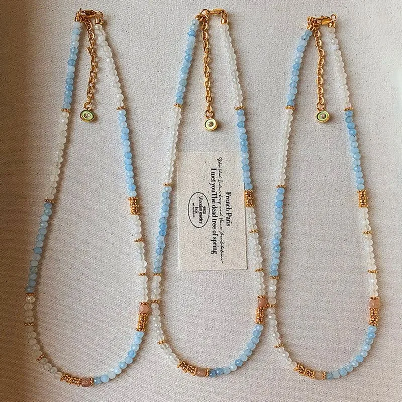 Minar Boho Multicolor Natural Tianhe Stone Aquamarine Crystal Beads Beaded Necklace for Women 18K Real Gold Copper Strand Choker