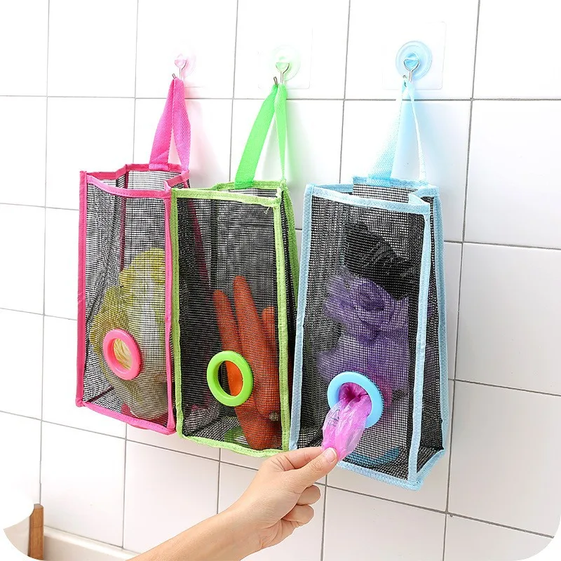 Kitchen Plastic Bag Holder Storage Bags Wall Grocery Shopping Bag Dispenser Access Holes Plastic Garbage Pouch Organizer