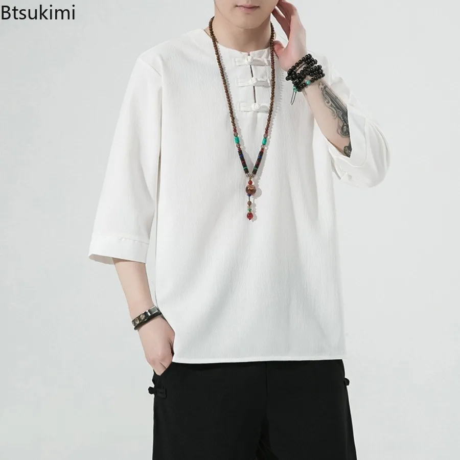 

New2025 Men's Solid Vintage Cotton Linen Shirts Summer O-neck 3/4 Sleeve Casual Tops Chinese Style Men Clothing Hanfu Tang Dress