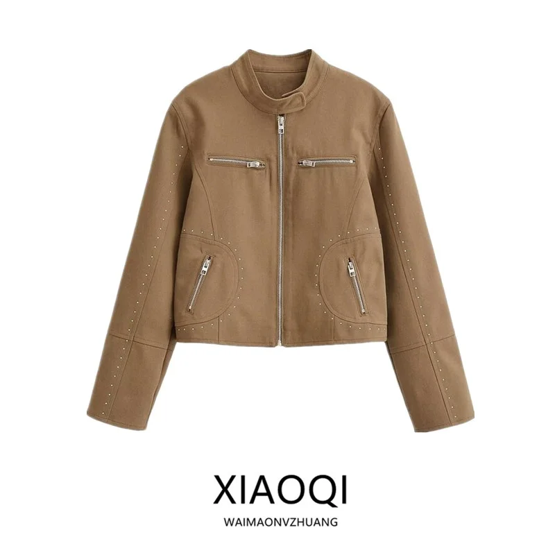 

Spring Summer 2026 New Women's Long Sleeve Stand Collar Rivet Wash Effect Jacket Commute Style Zipper Closure Outerwear