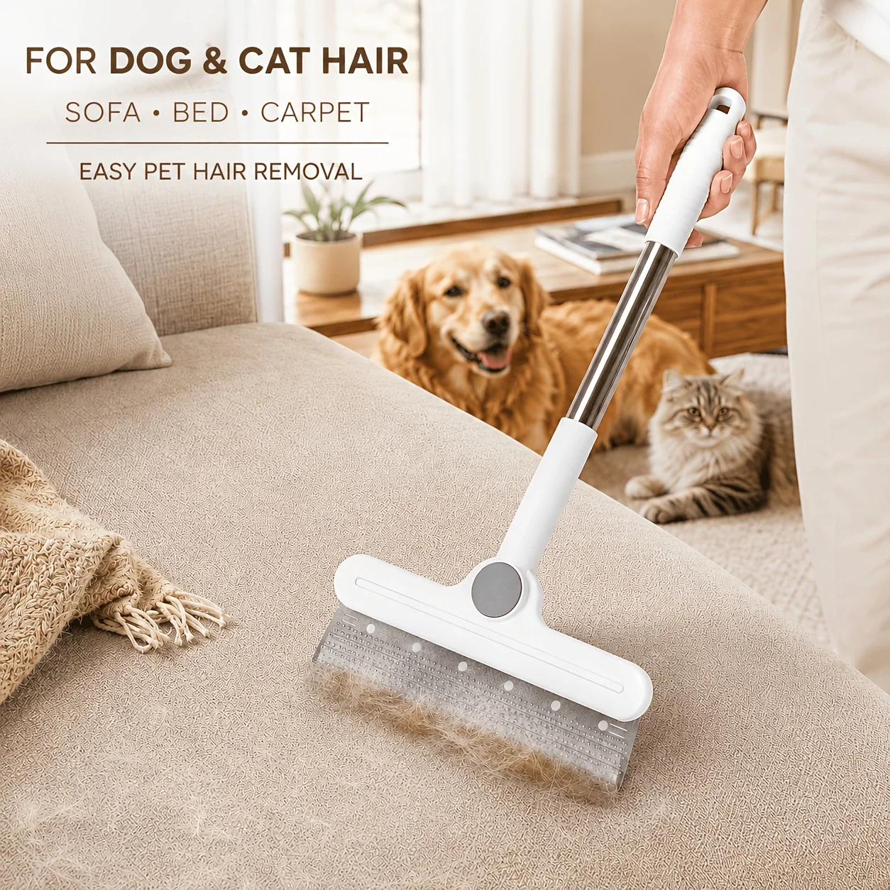 Long Handle Pet Hair Remover Brush - Reusable Dog Cat Fur Cleaning Tool for Sofa Carpet Bedding Clothes & Car Seats