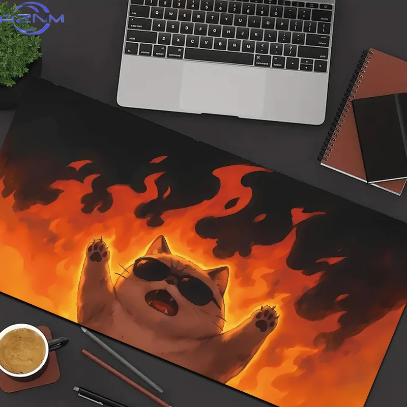 1pc-Xxl Interesting And Cute Angry Flame Cat Pattern Large Gaming Mouse Pad, Non-Slip Computer Desktop Mat, Rubber Base Keyboard