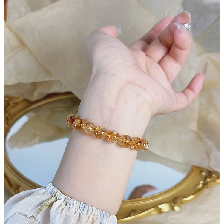 Natural Golden Rutilated Quartz Bracelet Brazilian Yellow Crystal Beaded Bracelet Wealth Charm Fashion Jewelry For Men Women