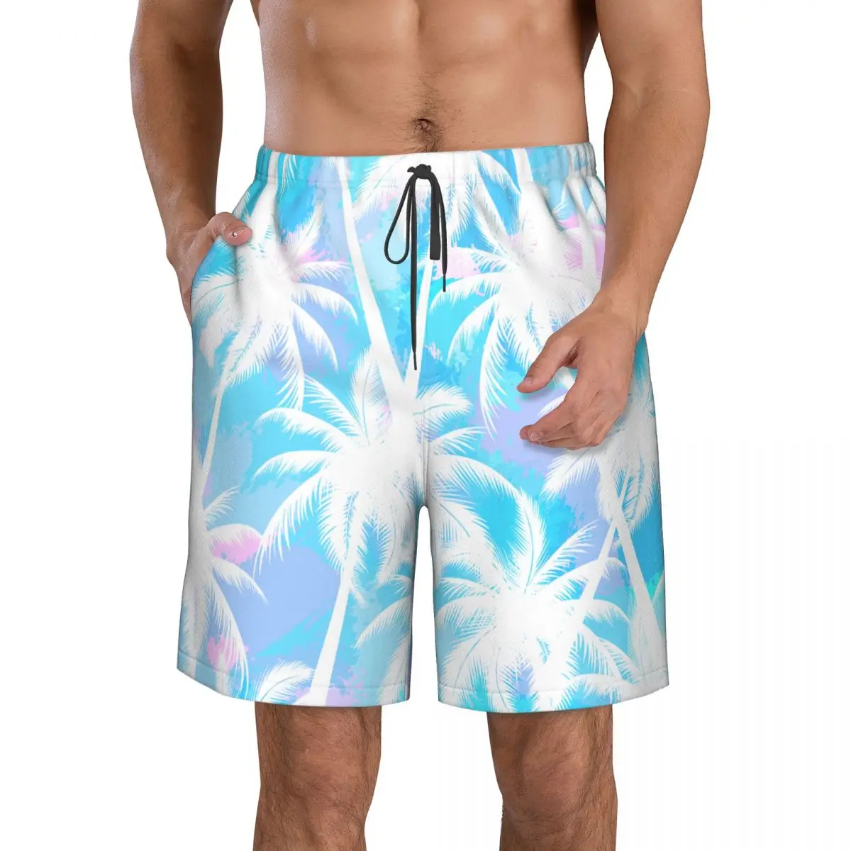 Men Beach Short Quick-drying Swimming Trunk Tropical Palm Leaves Blue And White Pink Print Swimwear Swimsuit Bathing Shorts