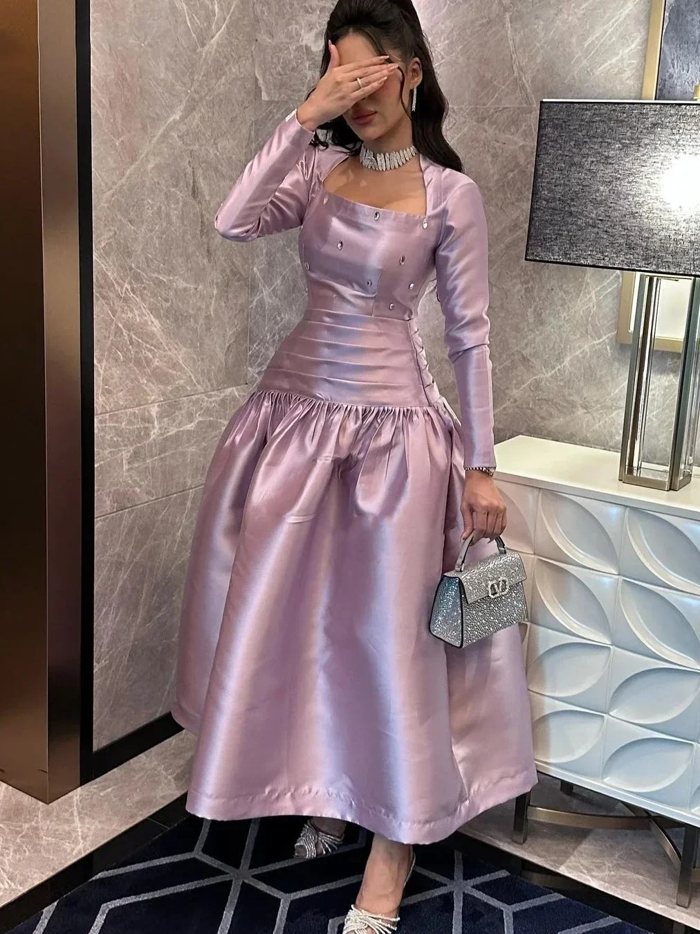 Scoggins Dress Elegant Vintage Purple Crystal Beaded Ruffle Square Collar Customize Formal Occasion Prom Dress Evening Party Gow