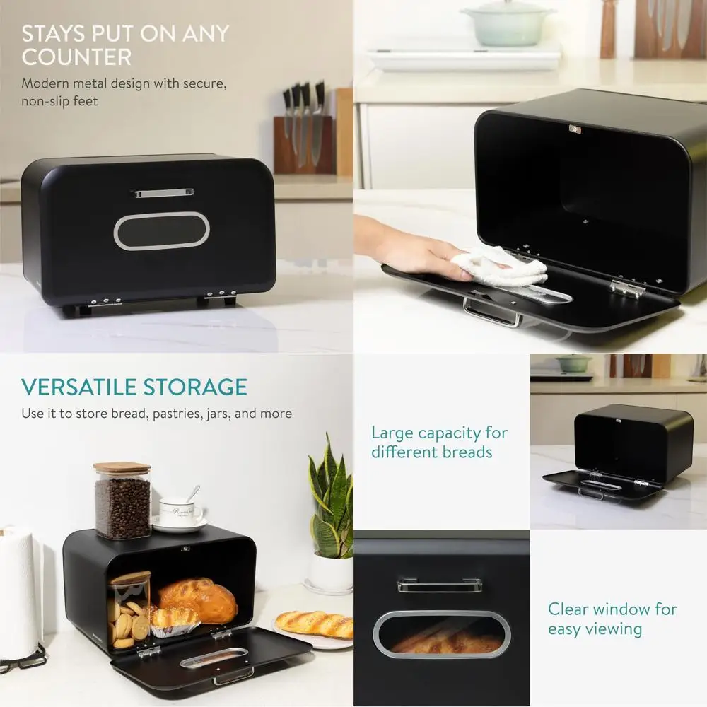 

Vintage-Style Ventilated Bread Box for Kitchen: Black Storage Container with Window for Bread, Spices, Coffee, and More