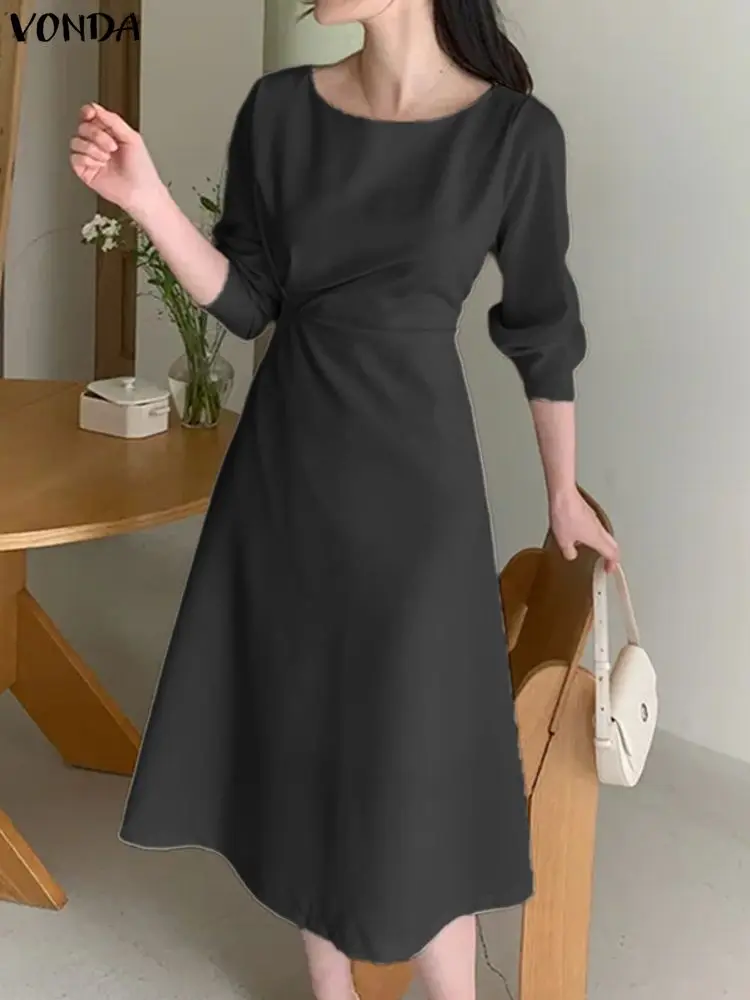 ชุดเดรสปาร์ตี้ VONDA รุ่น Elegant สำหรับผู้หญิง แขนยาว จับจีบ สีพื้น เสื้อเชิ้ตยาวแบบเดรส  แฟชั่นฤดูใบไม้ร่วง 2025 ชุดทำงาน