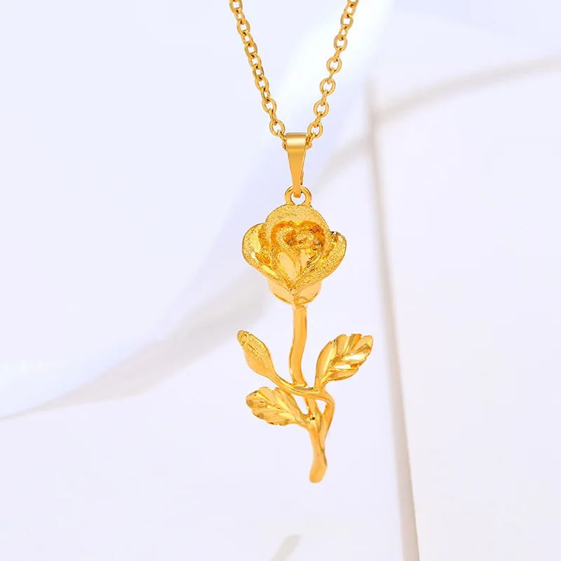 

Luxury 24K 9999 Pure Gold real gold Women's three-dimensional rose pendant necklace