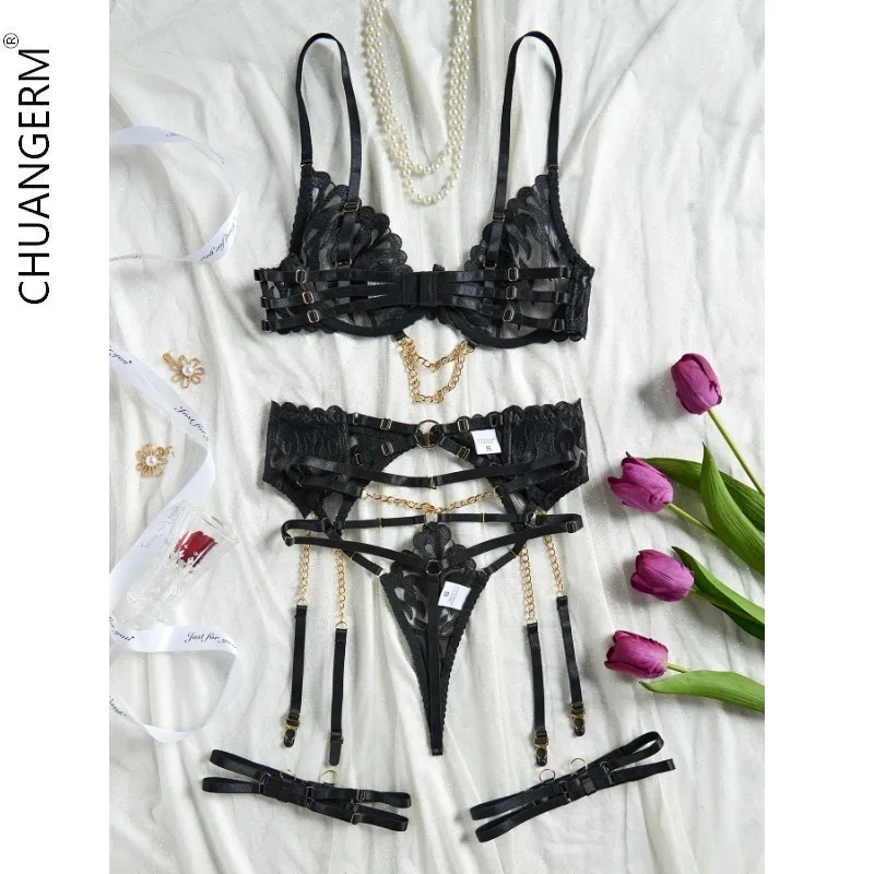 CHUANGERM Black Flame Embroidery Female Underwear Onlyfan Sexy Ligeries Valentine's Day Lingerie Set Hollow Ribbon Women Erotic