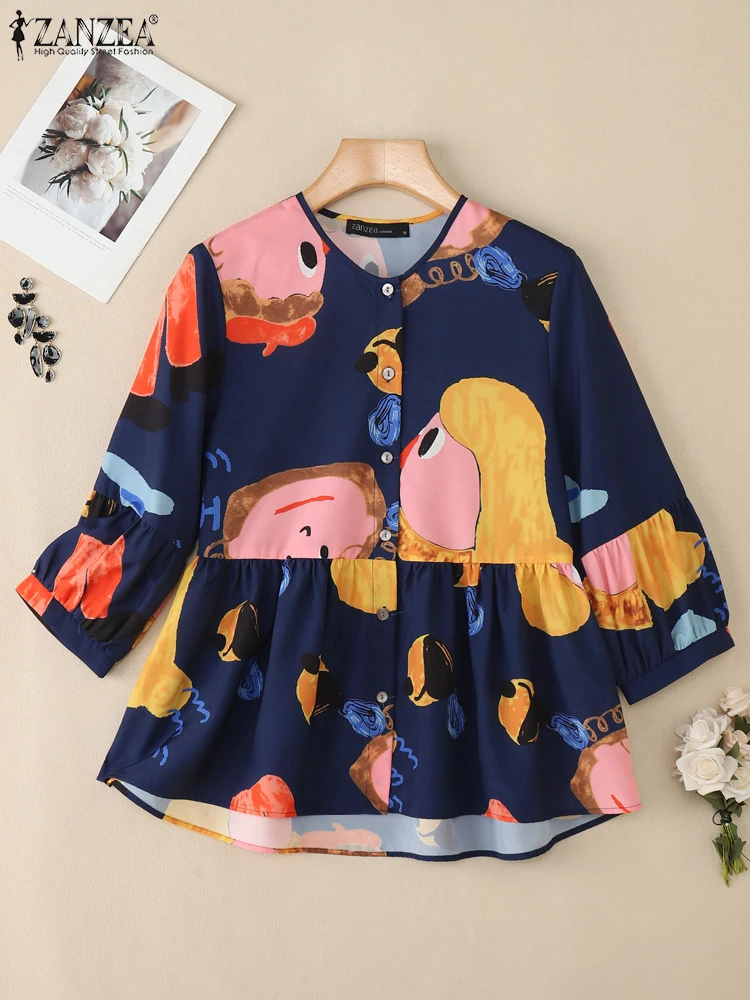 Stylowa koszula damska z nadrukiem na jesień 2025 ZANZEA, bluzka z długim rękawem i okrągłym dekoltem, codzienna bluzka zapinana na guziki, elegancka koszula do pracy, luźne topy.