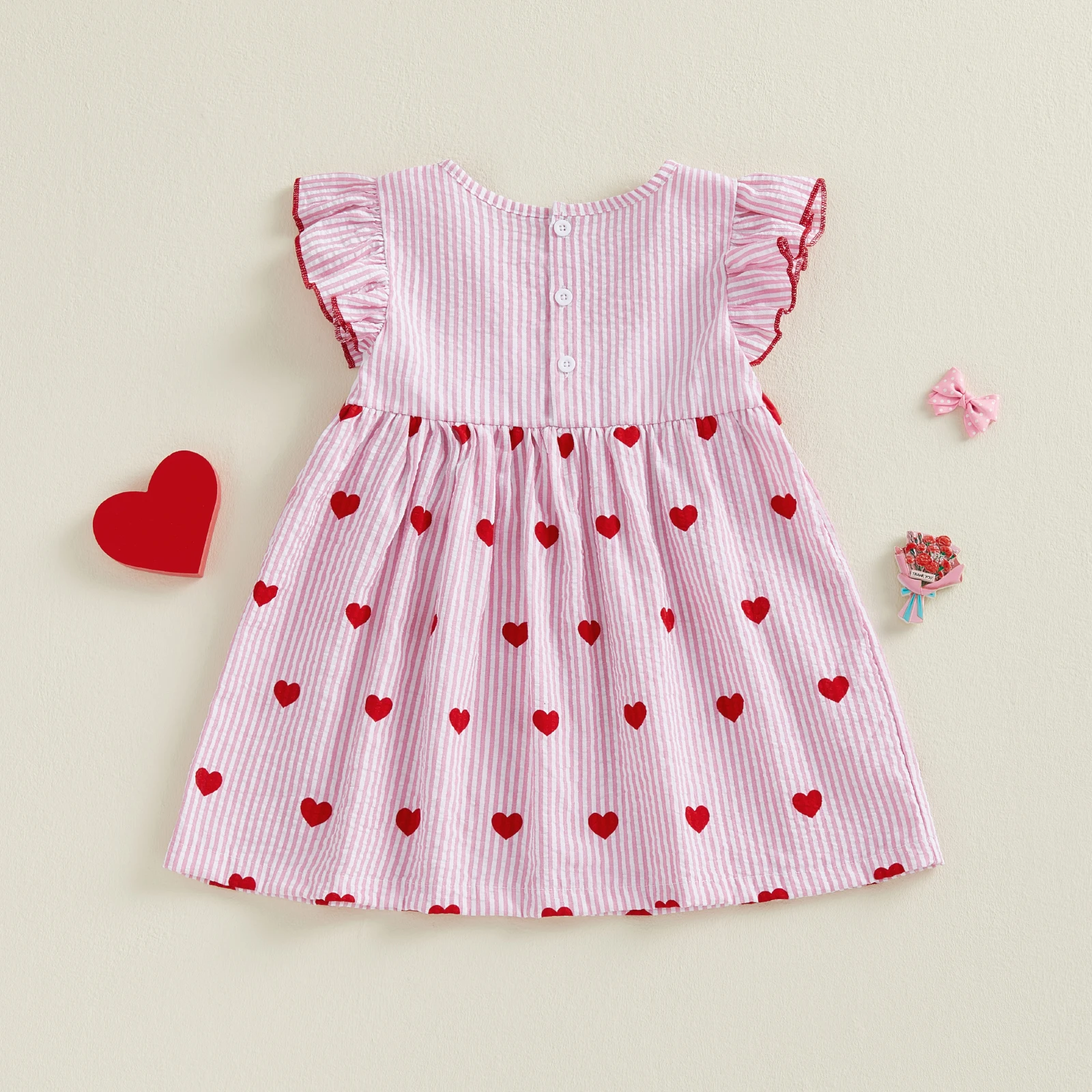 فستان صيفي للفتيات الصغيرات لعيد الحب ملابس مطرزة على شكل قلب وأكمام طائرة فستان كاجوال #3