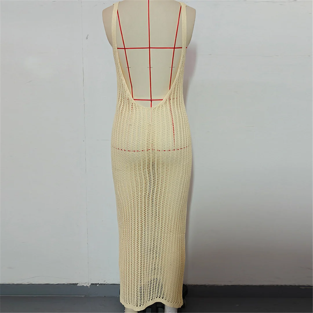 V-Ausschnitt, rückenfreies, ausgehöhltes, gehäkeltes, gestricktes Tunika-Strandkleid, Strandmode, Strandbekleidung, Strand-Cover-up, Damen, V7628 – Detail 13