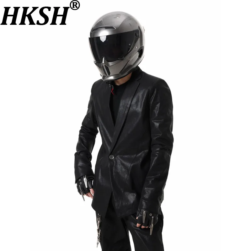 HKSH Spring Autumn New Men Tide Dark Style Padded Shoulder Wax Surface Slim Fit Blazer High Street Fashion Ins Suit-Coat HK18116