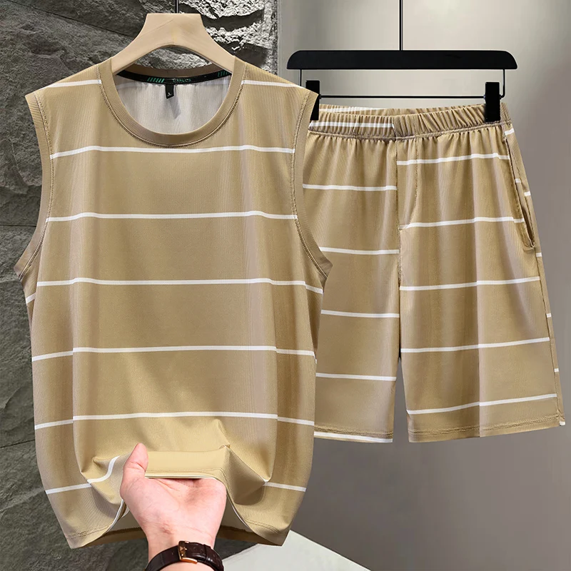 

Мужской летний повседневный комплект: быстросохнущая полосатая майка и шорты. Модный спортивный костюм больших размеров для молодежи.