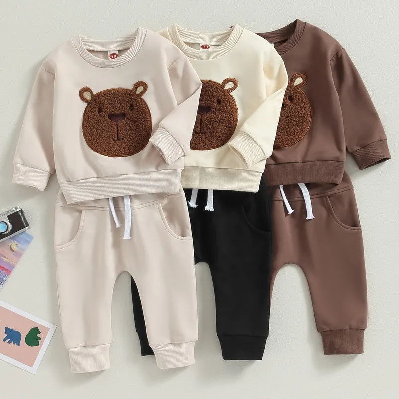 0 do 3 lat Baby Boy 2Pcs Pant Sets Spring Autumn Clothes Warm Long Sleeve Bear Embroidery Tops and Pocket Pants