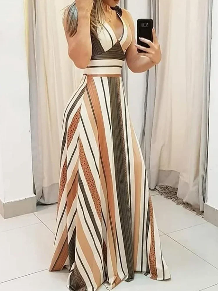 

Striped Colorblock Plunge Maxi Dress Women Casual Summer Dress