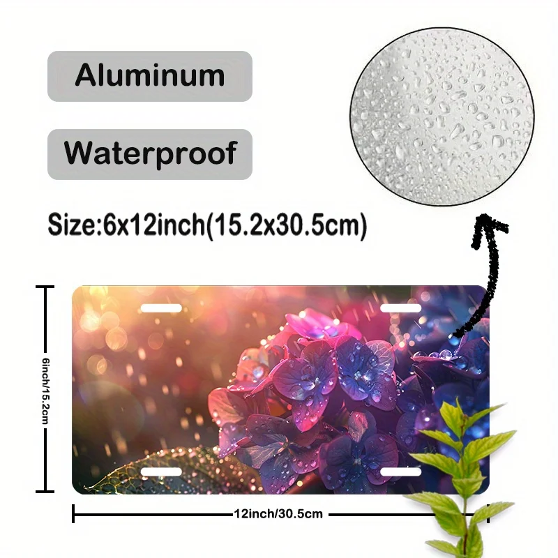 Floral Hydrangea Design Aluminum License Plate- Decorative Waterproof Car Front Tag with Bright Colors, Diffused Sunlight Effect