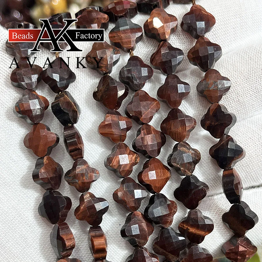 10mm Natural Red Tiger Eye Stone Clover Shape Beads Flower Faceted Jewelry Making DIY Necklace Bracelet Accessory 15''