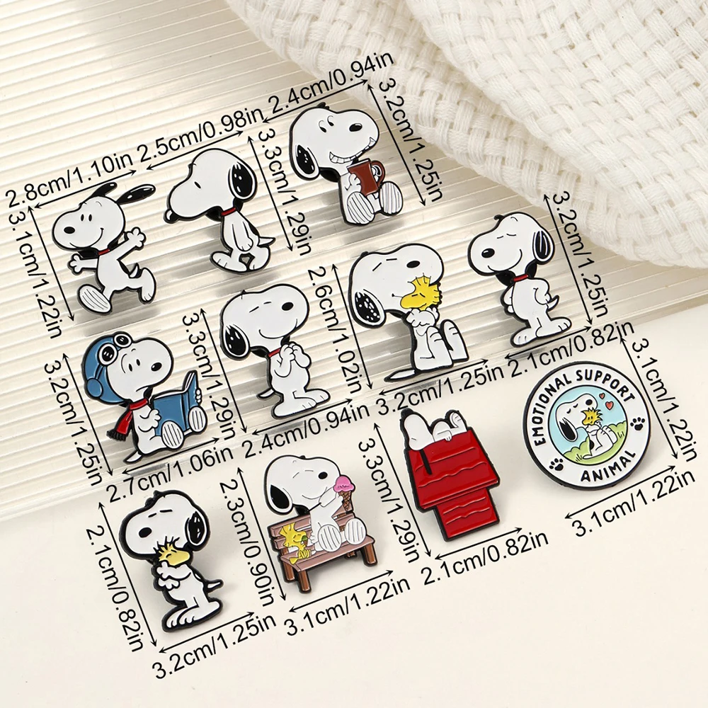11Pcs Snoopy Enamel Pins Set Cute Cartoon White Dog Brooches Lapel Badges for Backpack Creative Gift for Friends