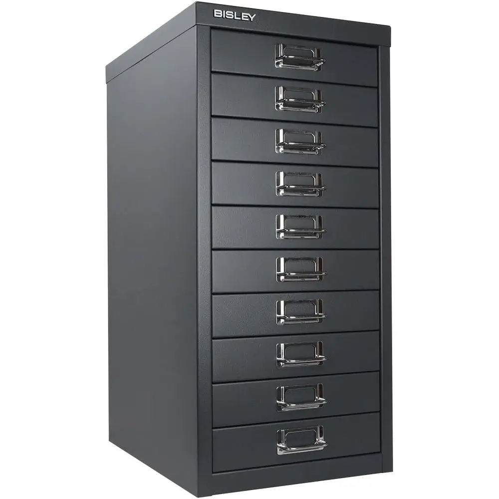 

Anthracite Grey Steel Cabinet with Chrome Pulls, Label Holders, and Removable Shelves for Under Desk Storage
