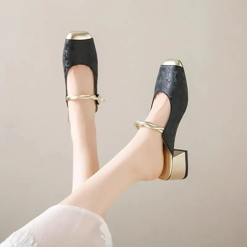 Dressy mary jane shoes women's mules green slip on mid heels woman chic patchwork slippers new summer strap heeled shallow mules