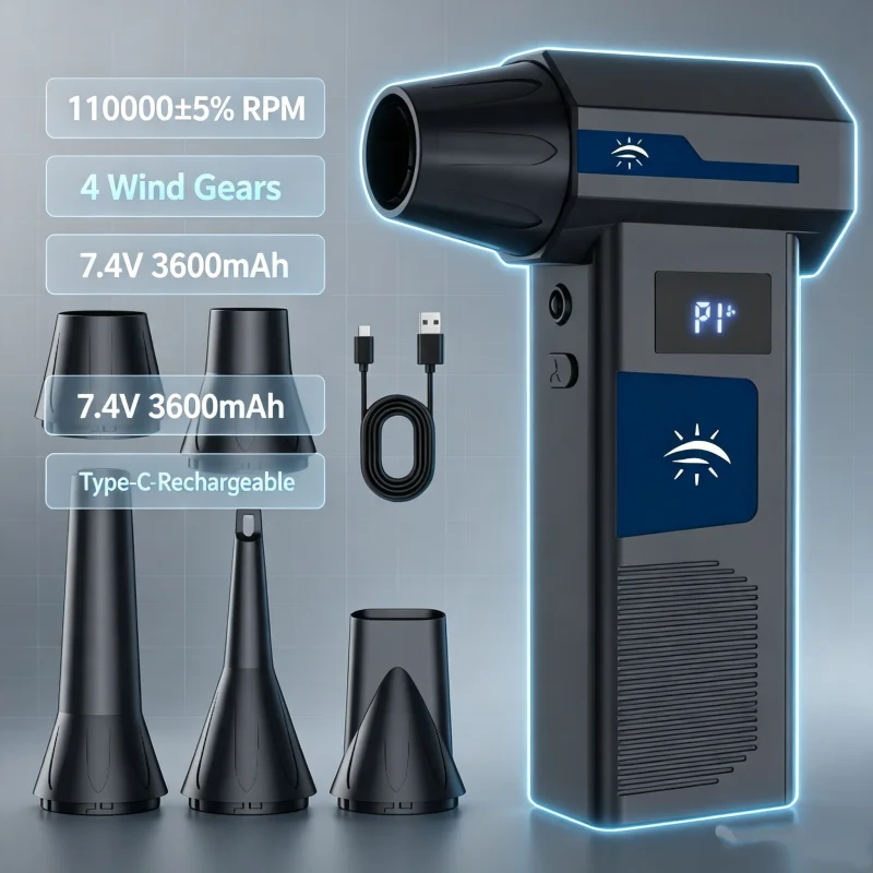 B12 Model High Speed Rechargeable Mini Turbo Blower Handheld Powerful Air Duster 4 Gear Wind Adjustment Multi Nozzle Kit for Hou