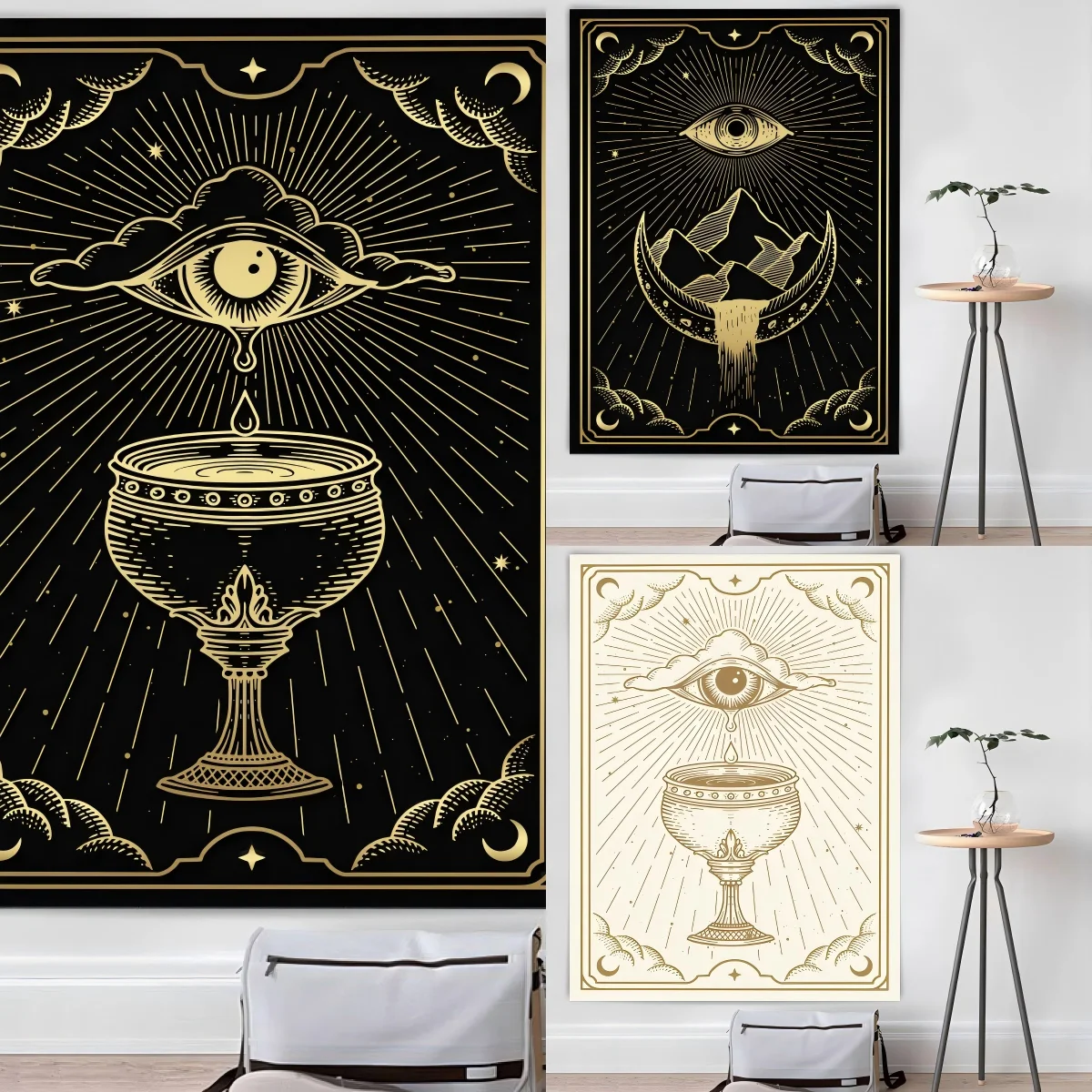VIKAMA Wasserdichter Wandteppich in Schwarzgold, Allsehendes Auge, Heiliger Gral, Nebel, feuchtigkeitsbeständig, für den Eingangsbereich, Meditationsraum