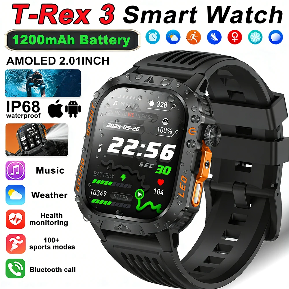 

New T-Rex 3 Men Waterproof Smart Watch 2.01inch HD Display Bluetooth Call LED Flashlight Multiple Sports Modes Smartwatch 2026