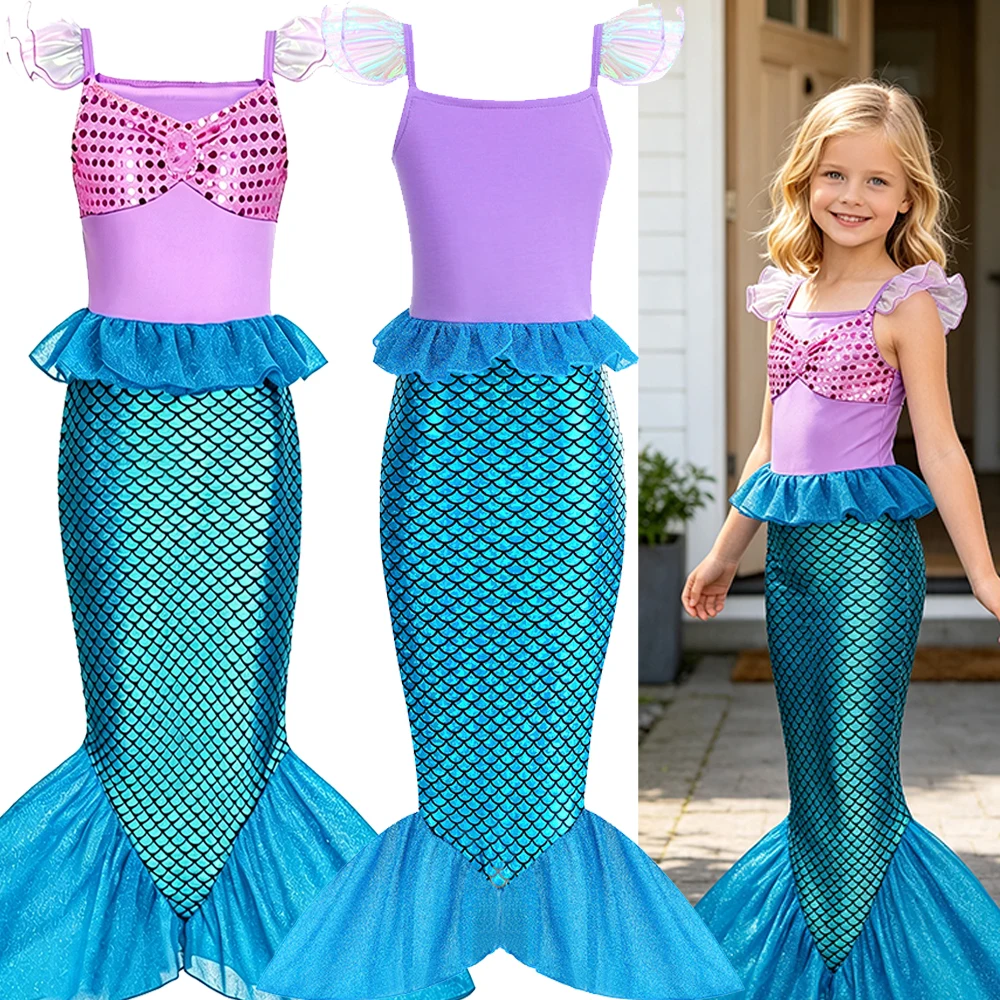 Girls Ocean Mermaid Theme Cosplay Dress Princess Summer Dresses Book Week Costume Kids for Birthday Halloween Costumes