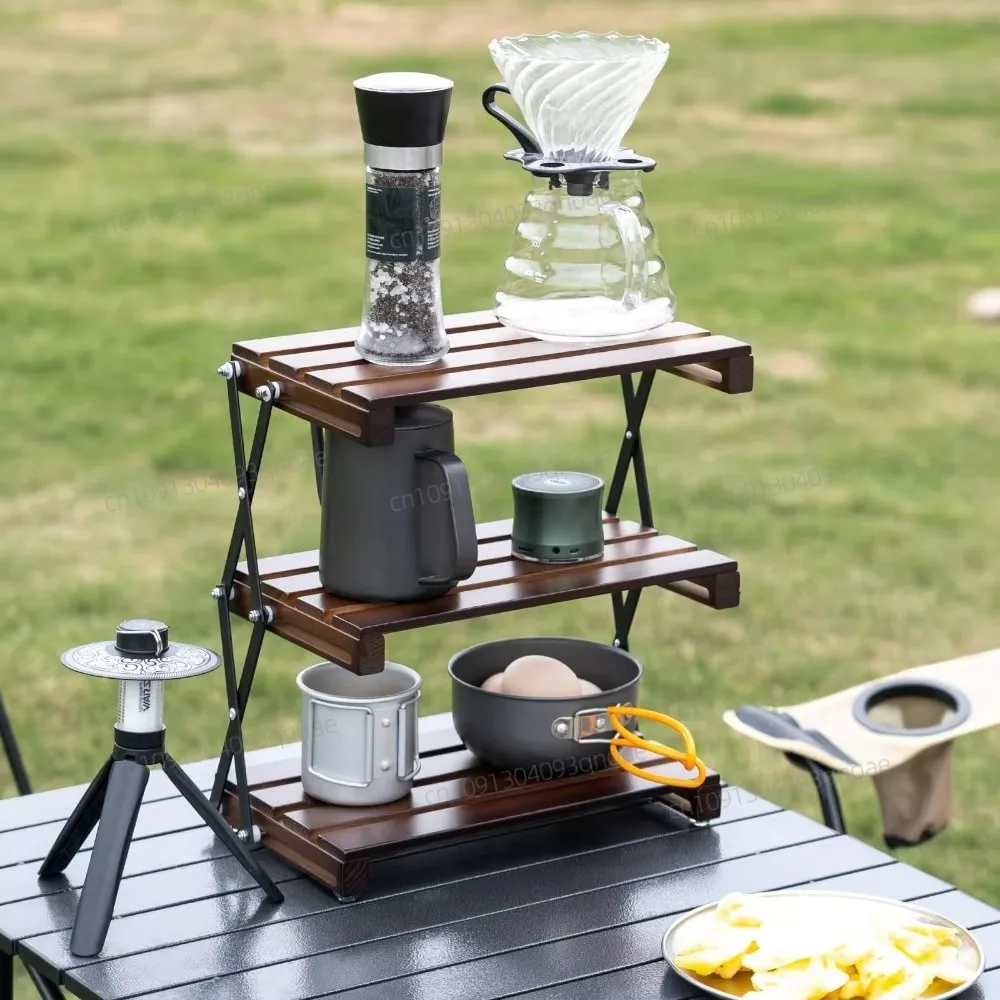 

Outdoor Camping Folding Shelf Solid Wooden Three Tier Desktop Storage Rack Portable Multifunctional Outdoor Folding Storage Rack