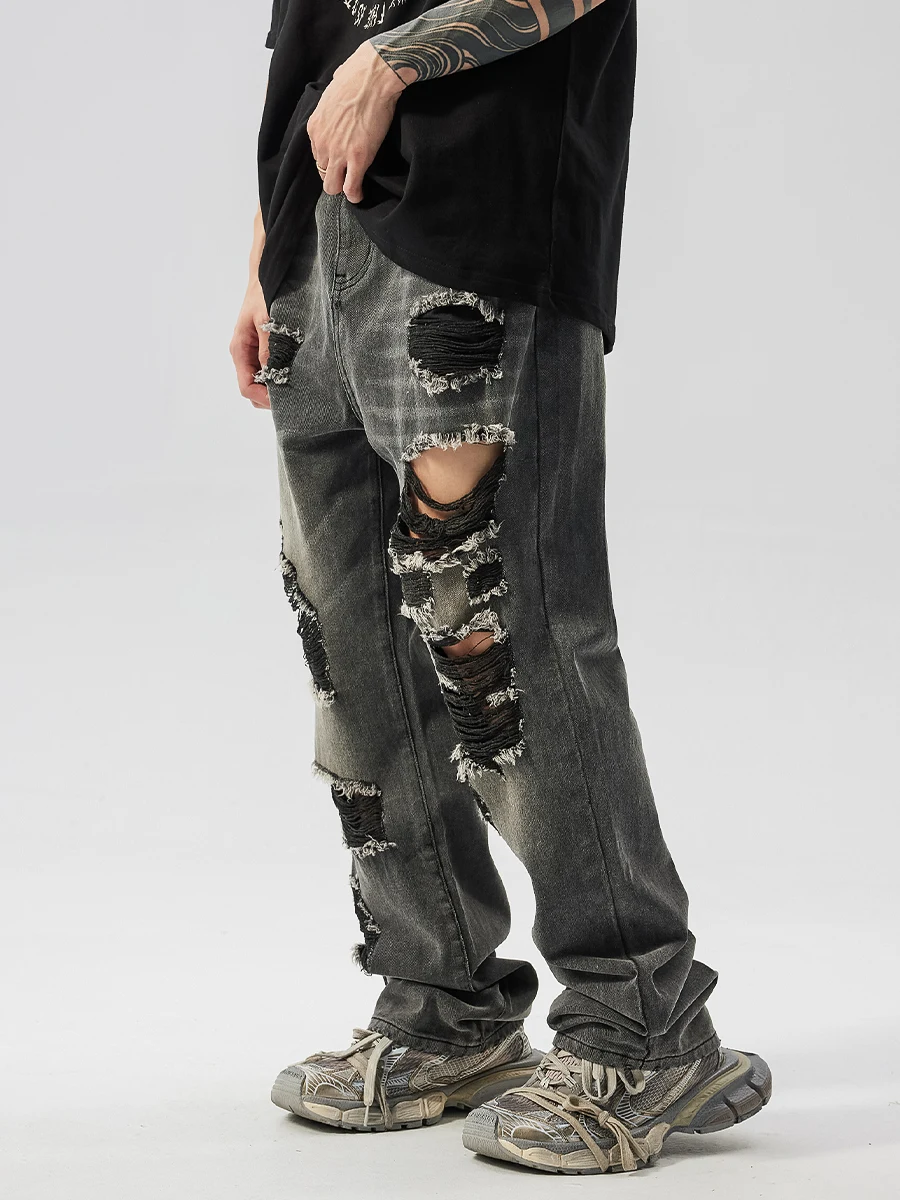 2024 Men's Summer New Jeans Hole Straight Jeans Men's Women's Retro Wear Through Denim Pants Casual Pocket Zipper Denim Trousers