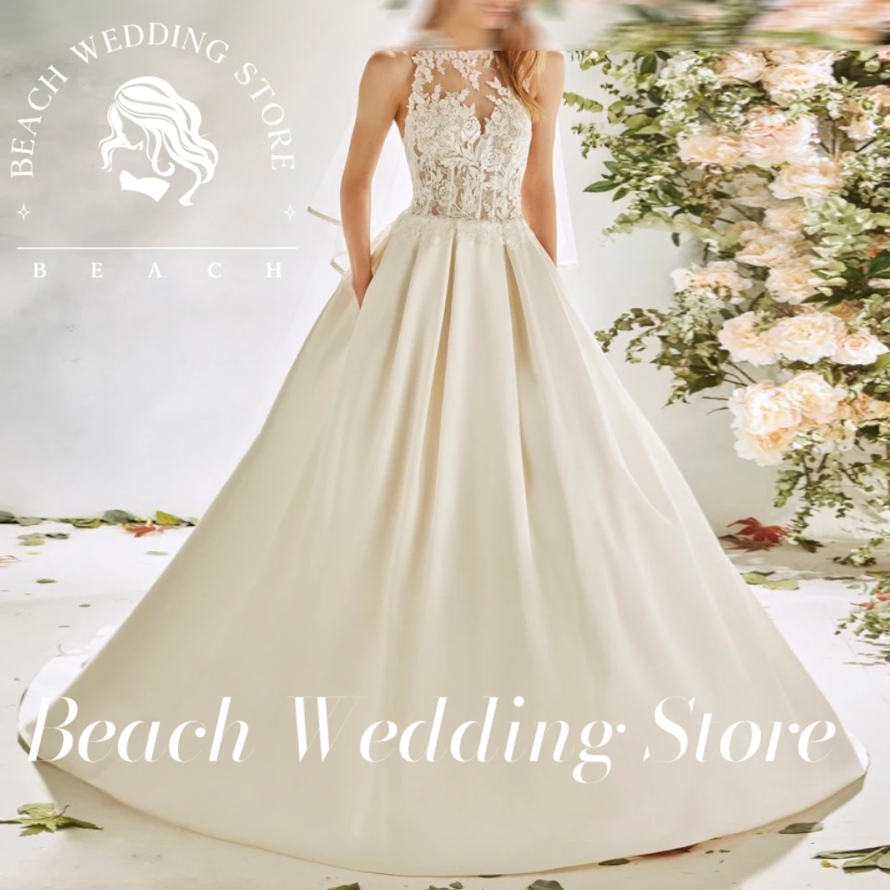 

Beach Customized Sleeveless Sweep Train Floor Length Applique Pleats Ruching Buttons Fairy Garden Wedding Dress Charming Satin