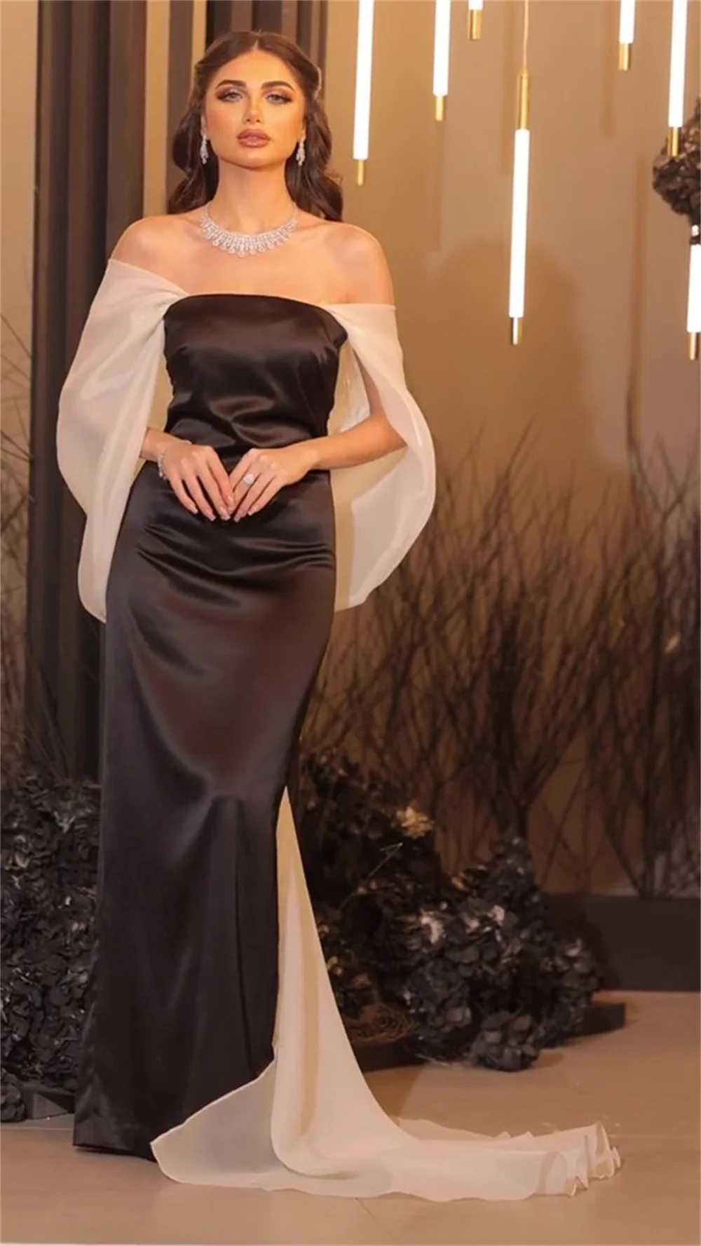 Vestidos de noite sem alças com arcos para mulheres, escova simples de sereia, vestido cetim para ocasiões formais, baile de formatura de garota negra