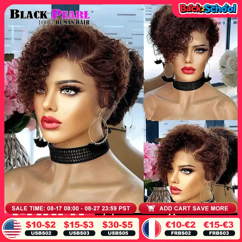 Parrucca Pixie Perla Nera Parrucche Bob Corte Parrucche Ricci Parrucche di Capelli Umani Per Le Donne 13x6x1 Parrucche Anteriori Del Merletto Parrucche De Cabello 100 Humano