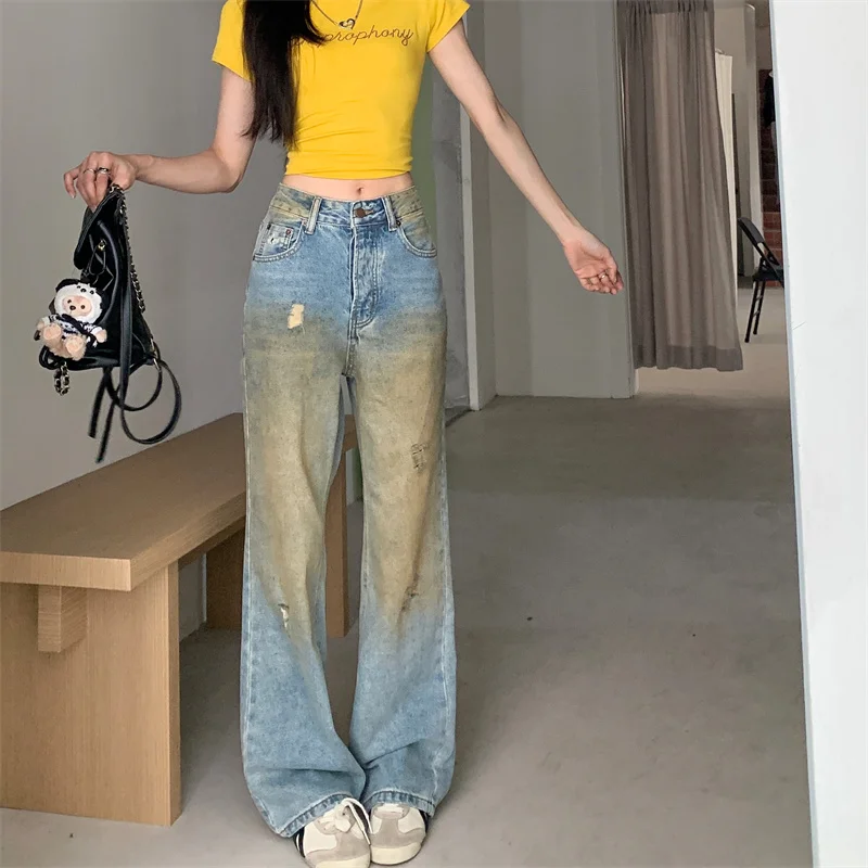 

2025 Trend Women's Y2K Jeans - Dirty Wash Vintage Straight Leg Denim Pants |Distressed Ripped Slim Fit High Waist Trousers