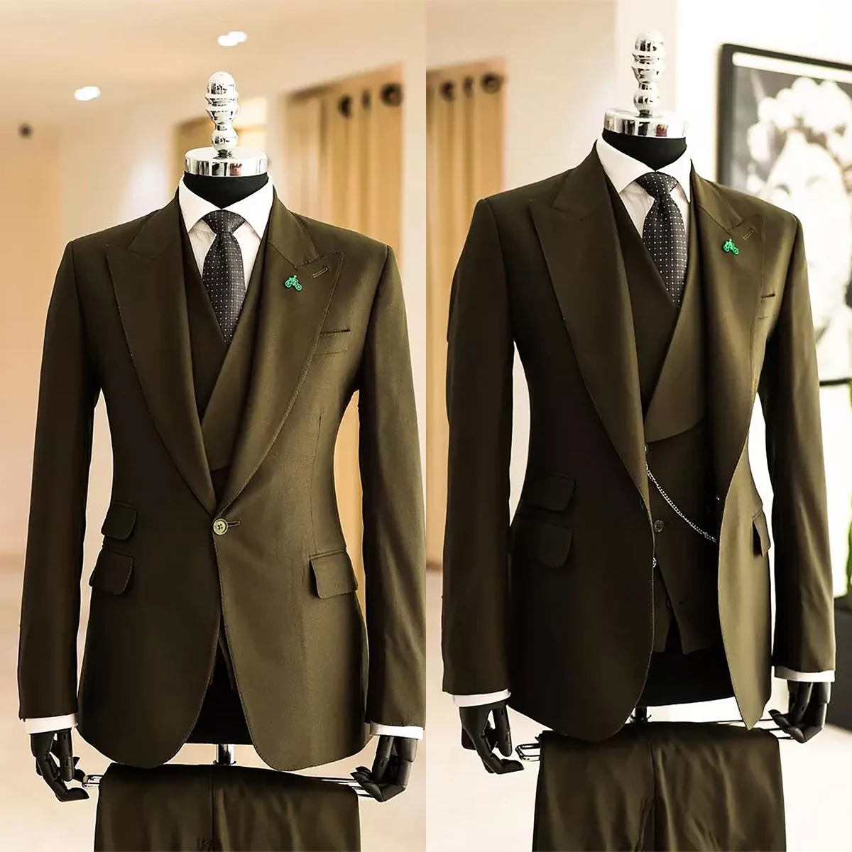 

Custom Size 3Pcs (blazer Vest Pant) Men Suits Khaki Color Groomsmen Sets High End Groom Peaked Lapel Formal Business