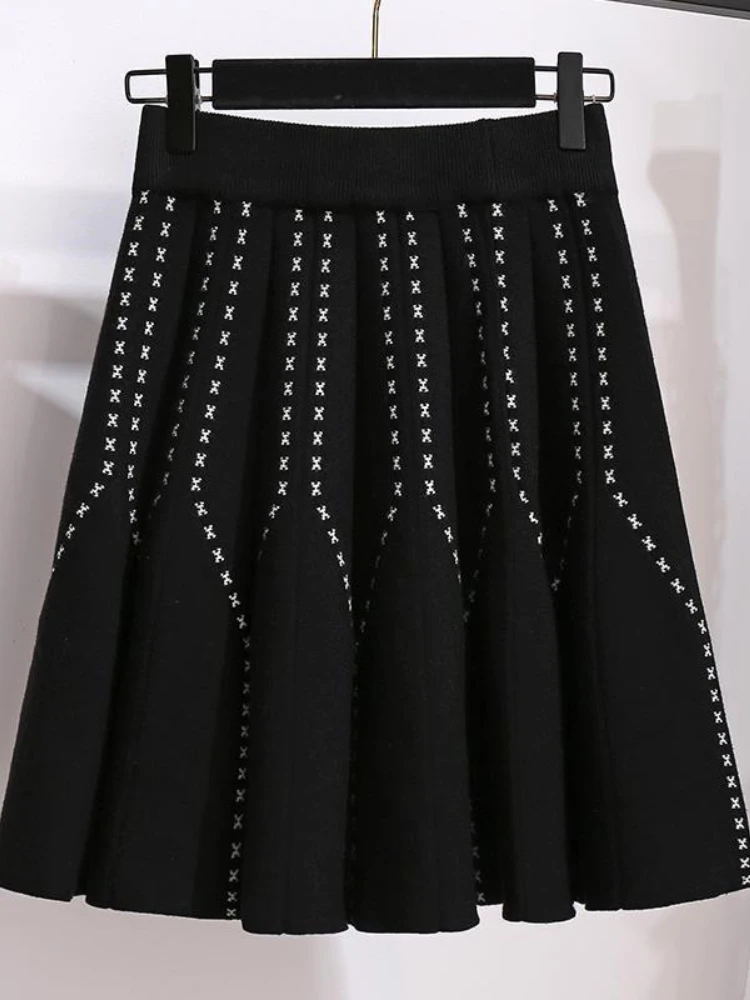 

2023 Elegant Women Autumn Winter Slim Elastic Waist Thicken A-Line Skirts High Waist Short Knitted Pleated Skirt