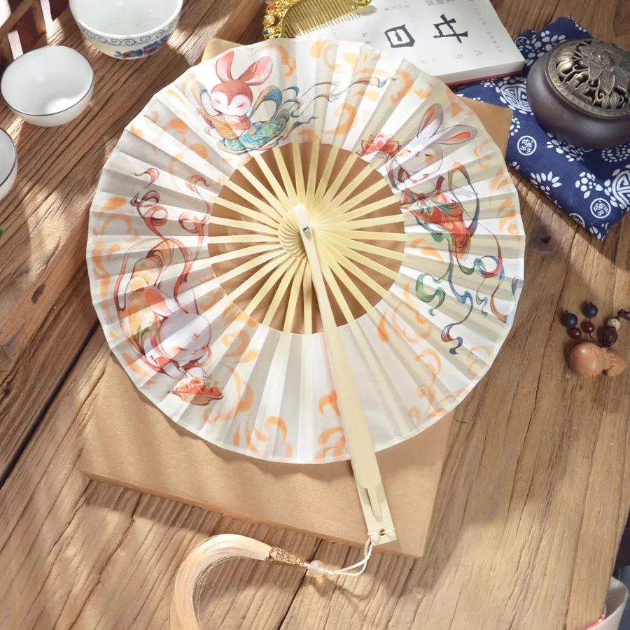 Chinese Folding Hand Fan Traditional Bamboo Round Fan For Women Portable Clutch Cooling Fan Hanfu Qipao Summer Accessory