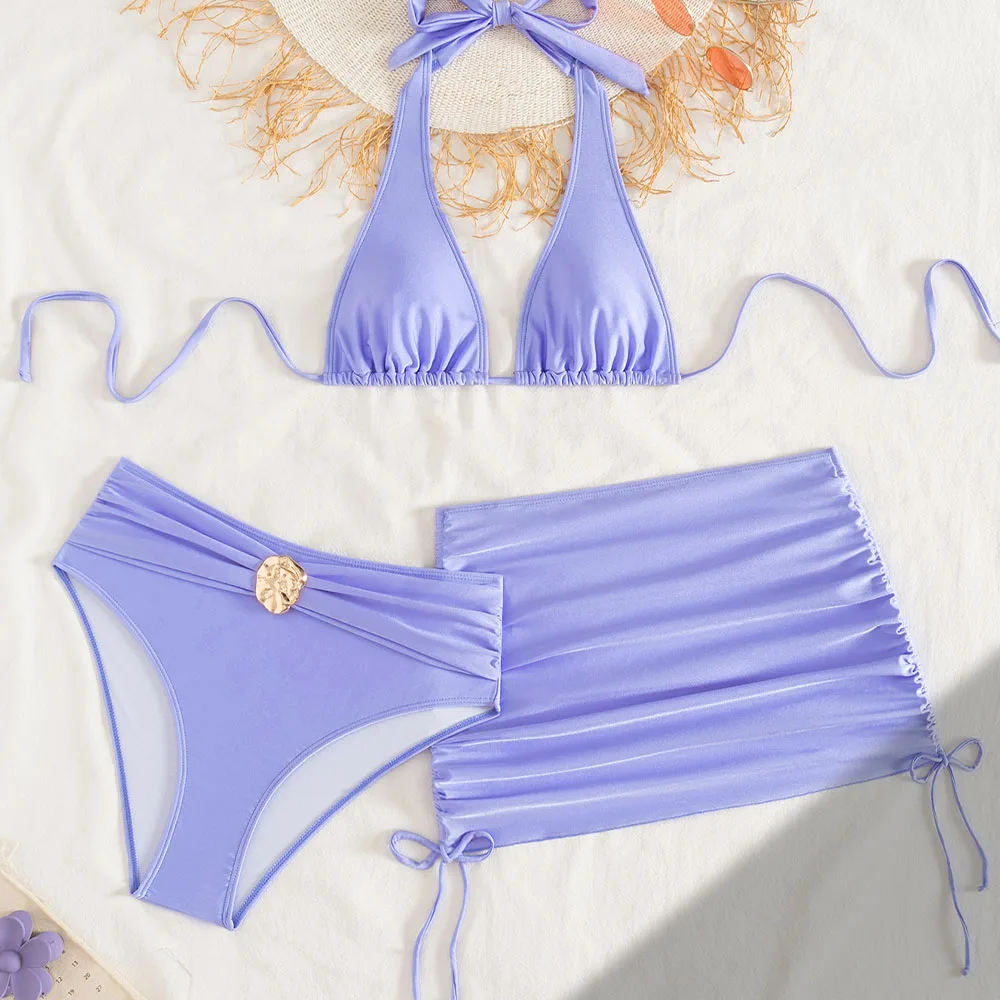 

Three Piece Women's Sexy Bikini Strap Fashion European and American Style Solid Color Women's Summer Hot Spring Beach Swimsuit