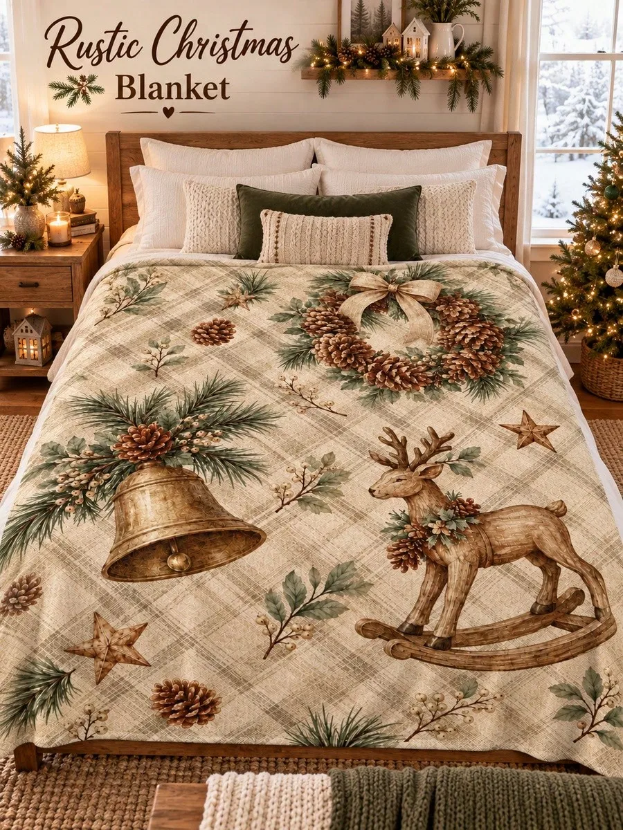 Christmas Flannel Blankets & Throws Bells Rocking Reindeer Pinecone Wreath Illustration for Sofa Bed Couch Bedroom Living Room Office Lounge Apartment Dorm Camper Travel Nap Cabin Home Decor Gifts Family Friends Thanksgiving Birthday Anniversary
