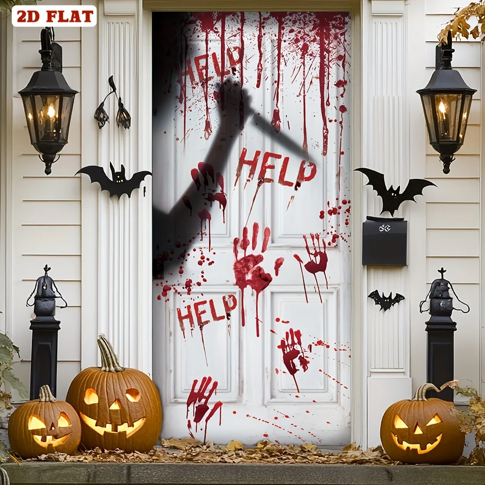 Horror-Halloween-Türbanner für eine Person, Bluthandabdruck-Design „Hilfe“, Fotohintergrund, Partyzubehör