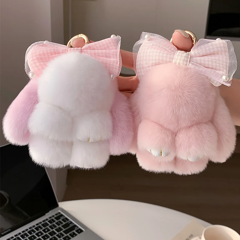 Rex Rabbit Fur Bow-tie Bunny Keychain Plush Dolls Bag Charm Plush Rabbit Key Ring Couple Pendant Cute Fluffy Bunny Keychain