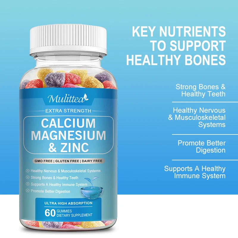 Mulittea Calcium Magnesium and Zinc Gummies Strong Bones Teeth Heart Nerve Health Increase Immune System Function Supplement